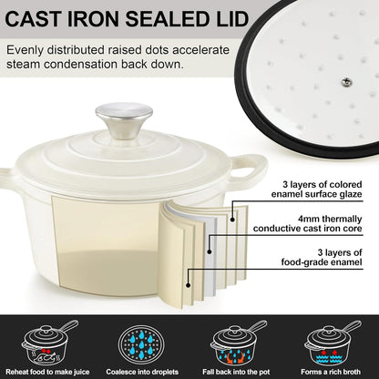 2Qt Enameled Cast Iron Sauce Pan,  Dutch Oven Pot with Lid, Non Stick Cooking Simmer Pots Induction Kitchen Cookware for All Cooktops Baking Bread, Soup, Ramen - up to 500°F, Cream White3