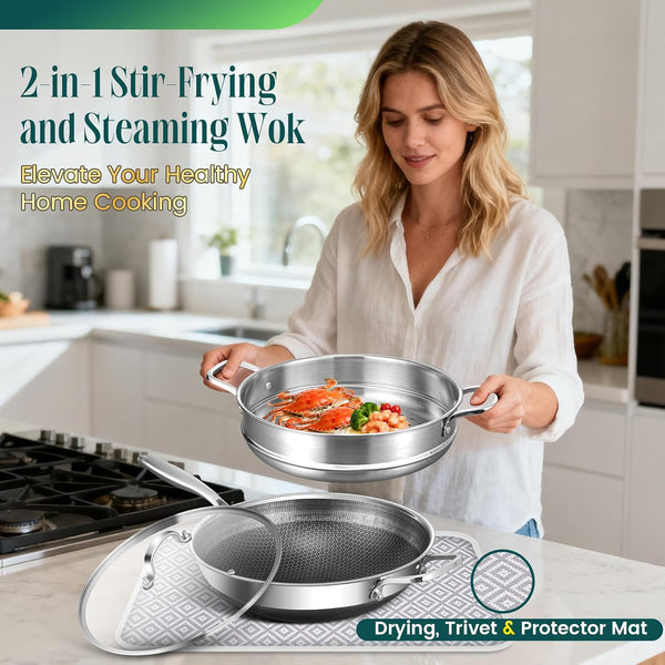 Hybrid 13 Inch Wok with Steamer, Nonstick Stainless Steel Wok | Wok Pan & Stir-Fry Pans6