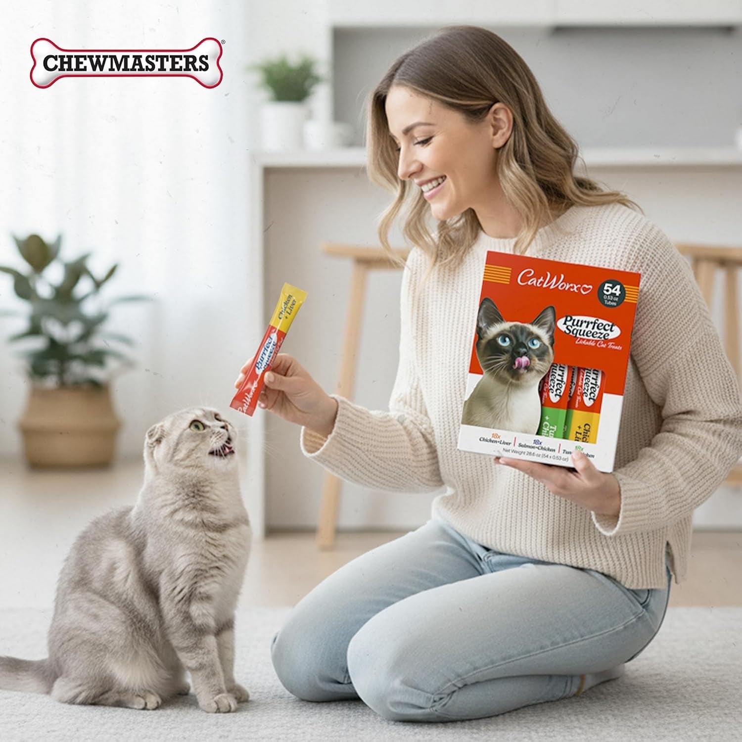 catworx-by-chewmasters-purrfect-squeeze-lickable-soft-cat-treats-54-pack-creamy-puree-squeeze-tubes-for-kittens-and-adult-cats-hand-feeding-snack-or-food-topper-training-reward-0-53-ounce