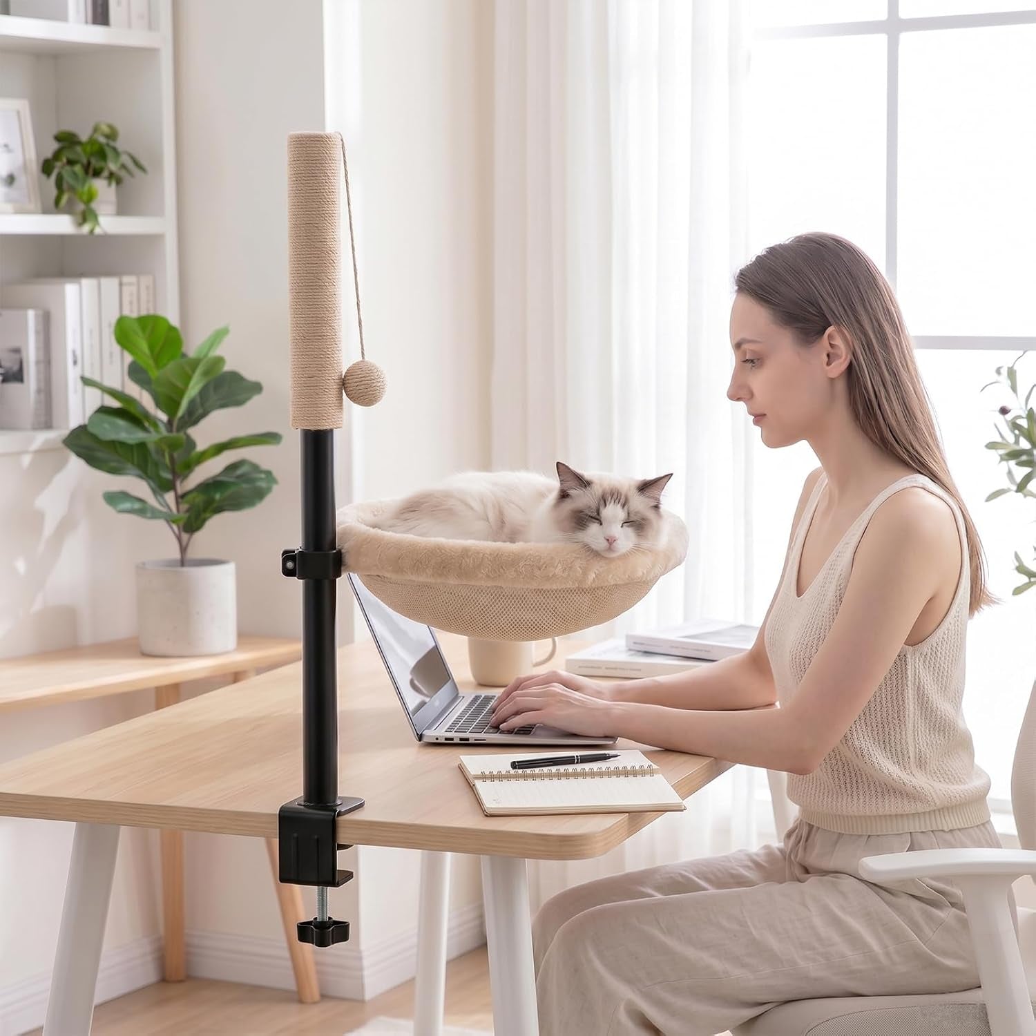 cat-desk-bed-with-scratching-post-clamp-on-360-rotating-camel-adjustable-height-reversible-machine-washable-cover-alloy-steel-frame-space-saving-perch-supports-cats-up-to-45-pounds