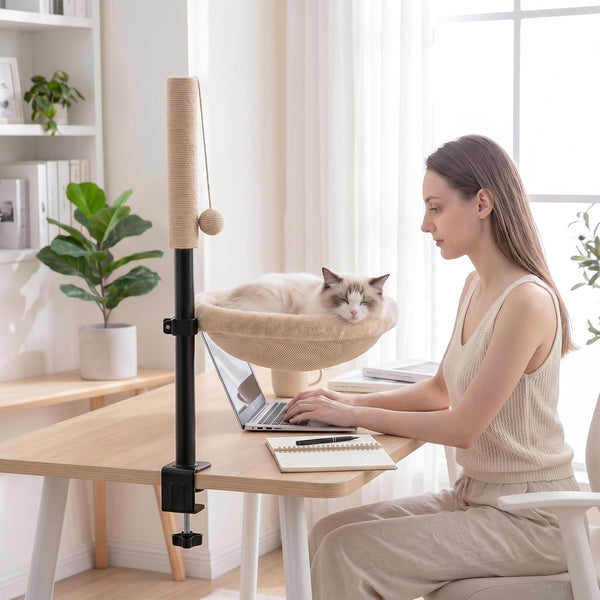 Cat Desk Bed with Scratching Post Clamp on 360 Rotating Camel | Adjustable Height, Reversible Machine Washable Cover, Alloy Steel Frame, Space Saving Perch, Supports Cats up to 45 Pounds2