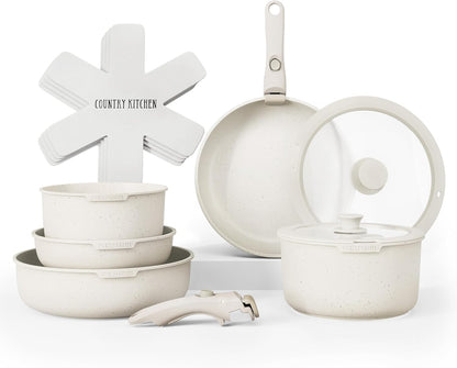 Cookware Set with Removable Handle, Oven & RV Safe Pots and Pans Set, Cream, Original1