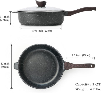 Nonstick Deep Frying Pan with Lid, 12 Inch Large Skillet, 5 Qt Non Stick Saute Pan for Cooking, Healthy Induction Cookware, PFOA Free | Large Skillet, 5 Qt, Saute Pan, Healthy Coating, Induction, PFOA Free7
