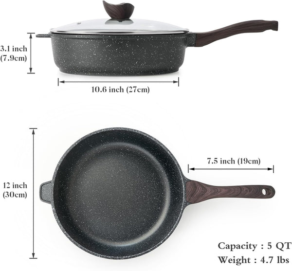 Nonstick Deep Frying Pan with Lid, 12 Inch Large Skillet, 5 Qt Non Stick Saute Pan for Cooking, Healthy Induction Cookware, PFOA Free | Large Skillet, 5 Qt, Saute Pan, Healthy Coating, Induction, PFOA Free7