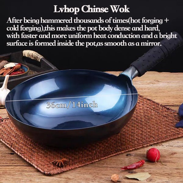 Blue Pre-Seasoned Cast Iron Wok with Lid, Nonstick 14 Inch | Large round Bottom Chinese Cookware, Works for Open Fire, Cooking, BBQ, Camping 36Cm2