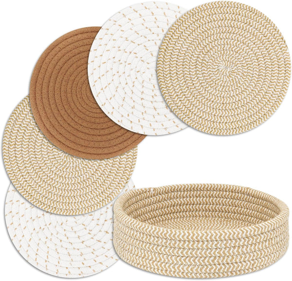 Trivets for Hot Dishes, Pots and Pans, Hot Pads with Storage Basket, Pot Holders for Kitchen, Heat Resistant Mat Protect Counter Home Essentials, Farmhouse Decor (Mix Brown 5 PCS)1