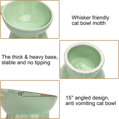 Elevated Cat Food Bowl,8 Oz Ceramic Raised and Tilted Water Bowl,Anti Vomiting and Protect Pets Spines Dishes for Fat Faced Cat, Indoor Cats,Kitten,Small Dog (White)4