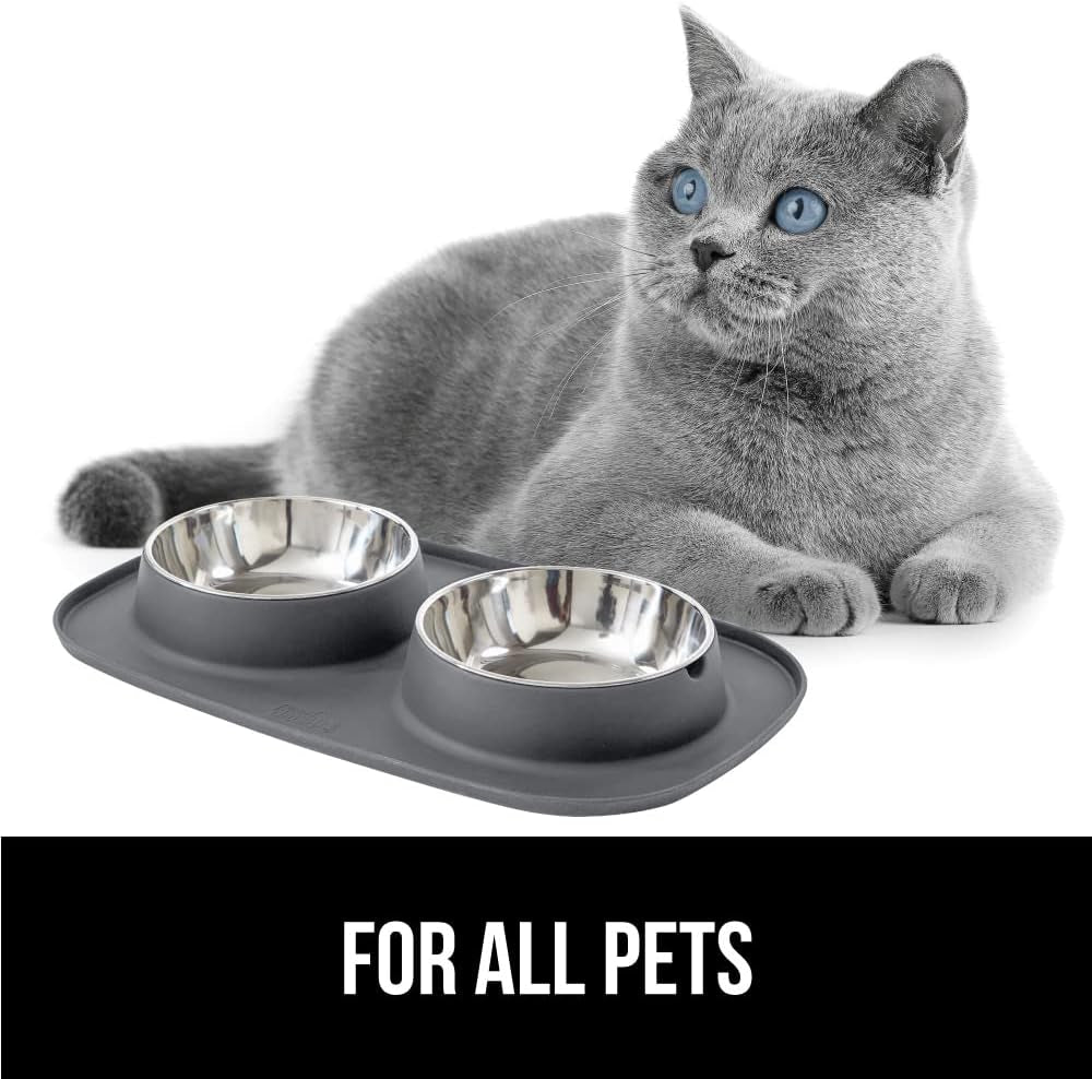 gorilla-grip-patented-dog-bowl-set-with-slip-resistant-silicone-feeding-mat-food-grade-304-stainless-steel-bowls-bpa-free-high-edge-spill-containment-dishwasher-safe-finger-notch-removal-2-cup-gray