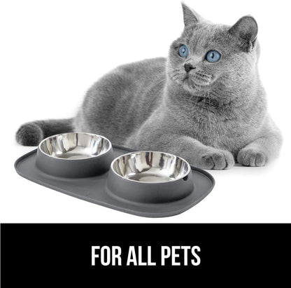 GORILLA GRIP Patented Dog Bowl Set with Slip Resistant Silicone Feeding Mat, Food Grade 304 Stainless Steel Bowls, BPA Free High Edge Spill Containment Dishwasher Safe, Finger Notch Removal 2 Cup Gray8