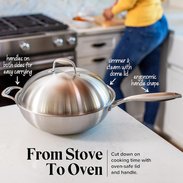 Stainless Steel Flat Bottom Wok Pan, Professional Traditional Stir Fry Cookware W/Domed Lid & Spatula, Low Maintenance Rust & Scratch Resistant for Induction Gas Electric Stove Top7