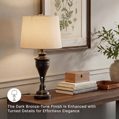 Signature Design by Ashley Table Lamp Set of 2, Dark Bronze | Fabric Hardback Shade, 28.5 Inches Tall, Traditional Double Pillar Base, 3-Way Switch, Living Room Use, Darlita Series4
