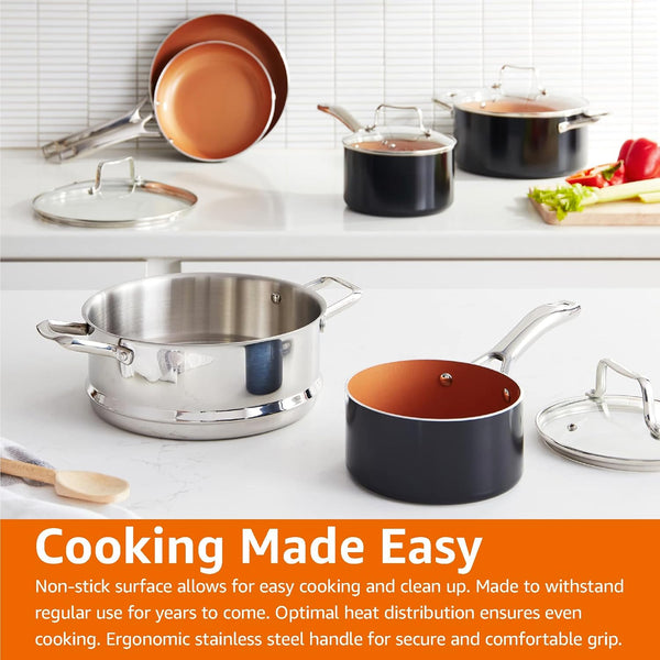 Ceramic Nonstick Cookware Set, Induction Ready, Dishwasher & Oven Safe, Even Heating, 10-Piece Set with Frying Pans, Saucepans, Glass Lids, Copper Color8