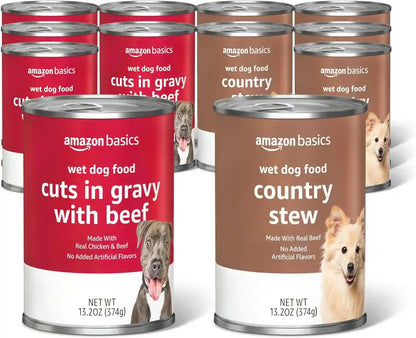 Amazon Basics Wet Dog Food Variety Pack, Country Stew Flavor and Cuts in Gravy with Beef, Made with Natural Ingredients, 13.2Oz Cans (Pack of 12)1