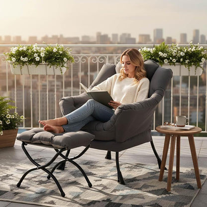 Lazy Chair with Ottoman, Comfy Reading Accent Chair, Dark Grey | Foldable Footrest, Padded Seat and Backrest, Side Pocket for Lounging in Living Rooms, Bedrooms, Dorms and Small Spaces3