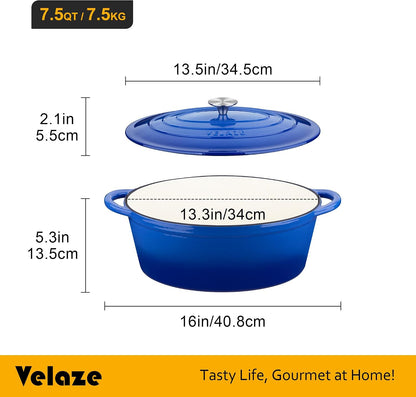7.5 QT Oval Enameled Cast Iron Dutch Oven Pot with Lid,Blue | Whole Chicken Friendly,For Cooking,Frying, Stewing,Bread Baking,And Roasting,Oven Safe,Dual Handles,Non-Stick Coating2