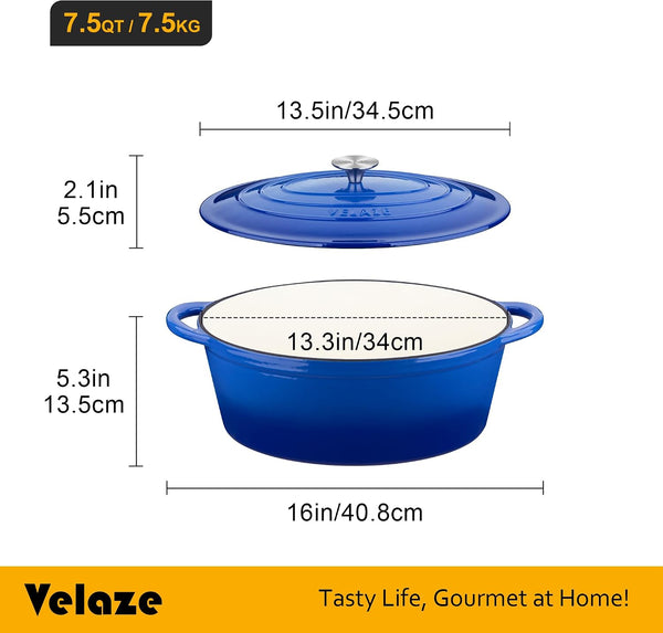 7.5 QT Oval Enameled Cast Iron Dutch Oven Pot with Lid,Blue | Whole Chicken Friendly,For Cooking,Frying, Stewing,Bread Baking,And Roasting,Oven Safe,Dual Handles,Non-Stick Coating2