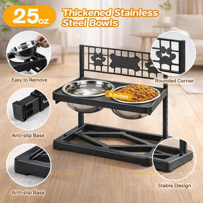 Elevated Dog Bowls Raised Pet Feeder Adjustable Dog Bowl Stand with Stainless Steel Bowls and ABS Frame, Double Dog Feeding Station with Paw Print Bone Decor for Medium Large Dogs4