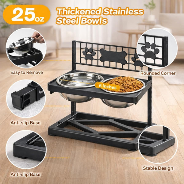 Elevated Dog Bowls Raised Pet Feeder Adjustable Dog Bowl Stand with Stainless Steel Bowls and ABS Frame, Double Dog Feeding Station with Paw Print Bone Decor for Medium Large Dogs4