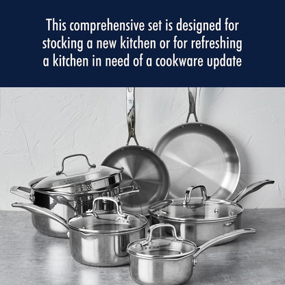 Henckels Clad H3 10-Pc Stainless Steel Cookware Set, Oven Safe up to 500°F | Dishwasher Safe, Tri-Ply Clad Construction. Induction Compatible Designed for All Cooktops.2