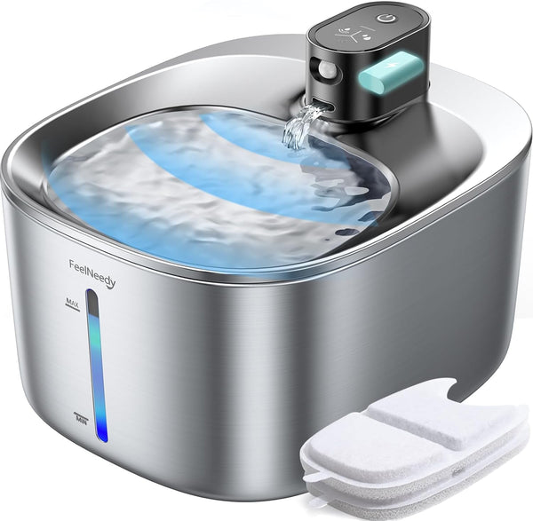 FEELNEEDY Wireless Cat Water Fountain Stainless Steel with Sensor, 4000Mah Battery Operated, 4L/135Fl Oz Pet Water Fountain for Cats Dogs, Ultra Quiet Cat Drinking Fountain with 2 Filters (YPD-C004S)1