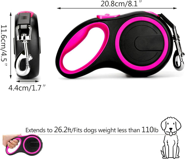 Segarty 26Ft Dog Leash Retractable, 8M Dog Leads Long for Medium Large Breed Pets 44-110Lbs, No Tangle Nylon Tape and 1 Button Break & Lock Heavy Duty Leash for Training Running, Pink4