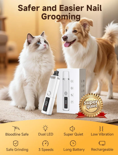 Dog Nail Grinder Whisper Quiet & Safe for Sensitive Dogs and Cats | Low Vibration Pet Nail Trimmers, 3-Speed, LED Lights, 8 Hours Runtime, Rechargeable Ergonomic Grooming for All Sizes & Breeds2