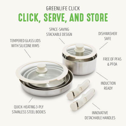 10 Piece Stainless Steel Pots and Pans, Detachable & Stackable Kitchen Set, Tri Ply Clad PFAS Free Cookware, Space Saving with Removable Handle, Induction & Oven Safe, RV Cookware, Glass Lid5