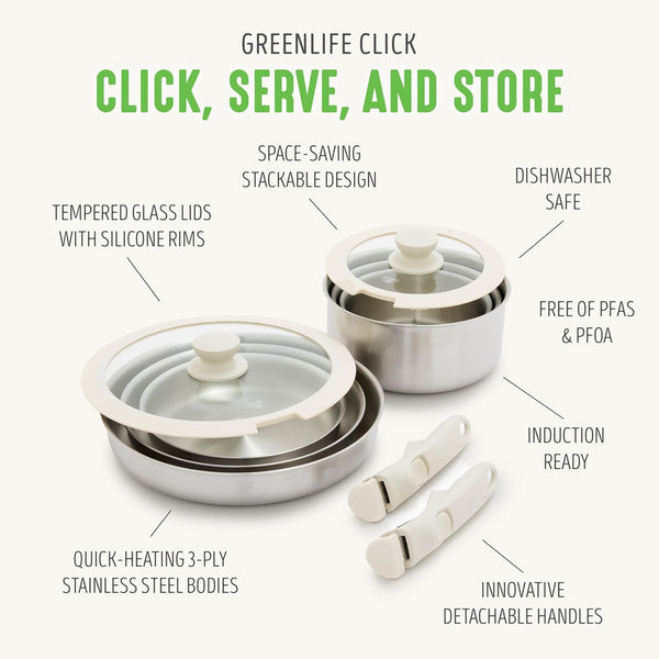 10 Piece Stainless Steel Pots and Pans, Detachable & Stackable Kitchen Set, Tri Ply Clad PFAS Free Cookware, Space Saving with Removable Handle, Induction & Oven Safe, RV Cookware, Glass Lid5