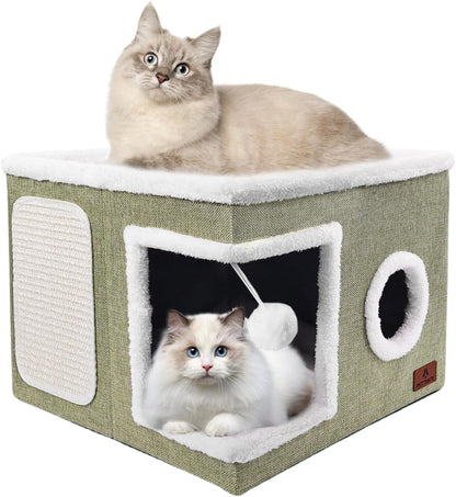 Cat Beds for Indoor Cats, Large Cat Cave Bed with Scratch Pad and Fluffy Ball, Foldable Cat Hideaway, Cat House with Reversible Cushion for Multi Small Pet up to 30LBS, Grey15