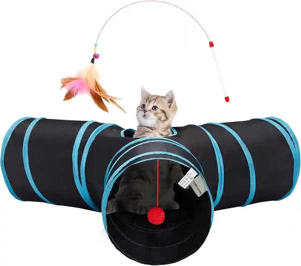 Tempcore Pet Cat Tunnel Tube Toys 3 Way Collapsible, Tunnels for Indoor Cats, Interactive Tube with Teaser Wand, Peek Holes & Hanging Ball, Black & Blue19