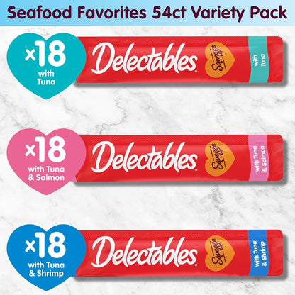 Delectables Squeeze up Seafood Variety Pack, Creamy Squeezable Puree, Lickable Wet Cat Treats, Grain Free, No Added Fillers, No By-Products, No Added Preservatives, 0.5 Ounces Tube, 54 Tubes Total6