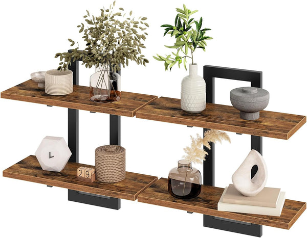 Floating Shelves for Wall, 15" Wall Shelf Set of 2, Wall Mounted Storage Shelves 2-Tier, Hanging Bathroom Shelves, for Living Room, Bedroom, Bathroom, Kitchen, Rustic Brown and Black BF32BJ01G110