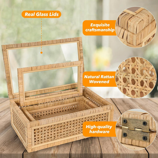 Large Handwoven Boho Rattan Display Boxes with Glass Lids Set of 2 | Rectangular Decorative Storage Bins Natural Woven Cane Home Decor Organizers (15.55" X 9.64" X 5.9" & 12.48" X 6.88" X 4.52")4
