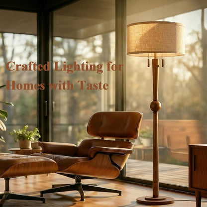 Solid Wood Floor Lamp for Living Room with Wooden Pull Chains | 62.8" Tall,Sculptural Wood Base & Stem,17" Linen Drum Shade,2-Light Standing Lamp for Bedroom & Reading Corner,Bulbs Included7