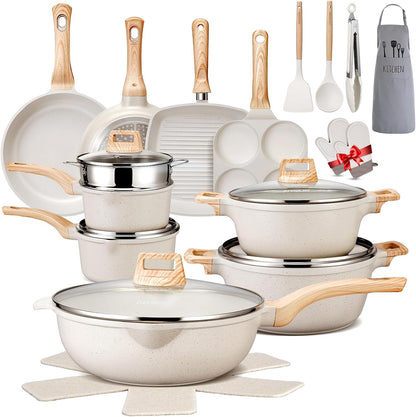 27PCS Nonstick Ceramic Pots and Pans Cookware Set with Gloves, Apron, Silicone Tools,Ivory1