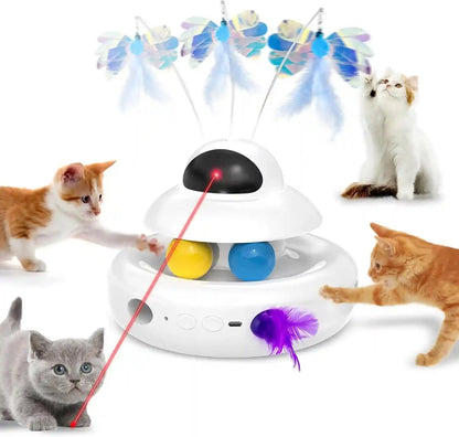 MOHAYA Cat Toys，4-In-1 Interactive Cat Toy for Indoor Cats with Laser, Fluttering Butterfly, Moving Feather and Track Balls - USB Rechargeable Self-Play Kitten Toy (White)1