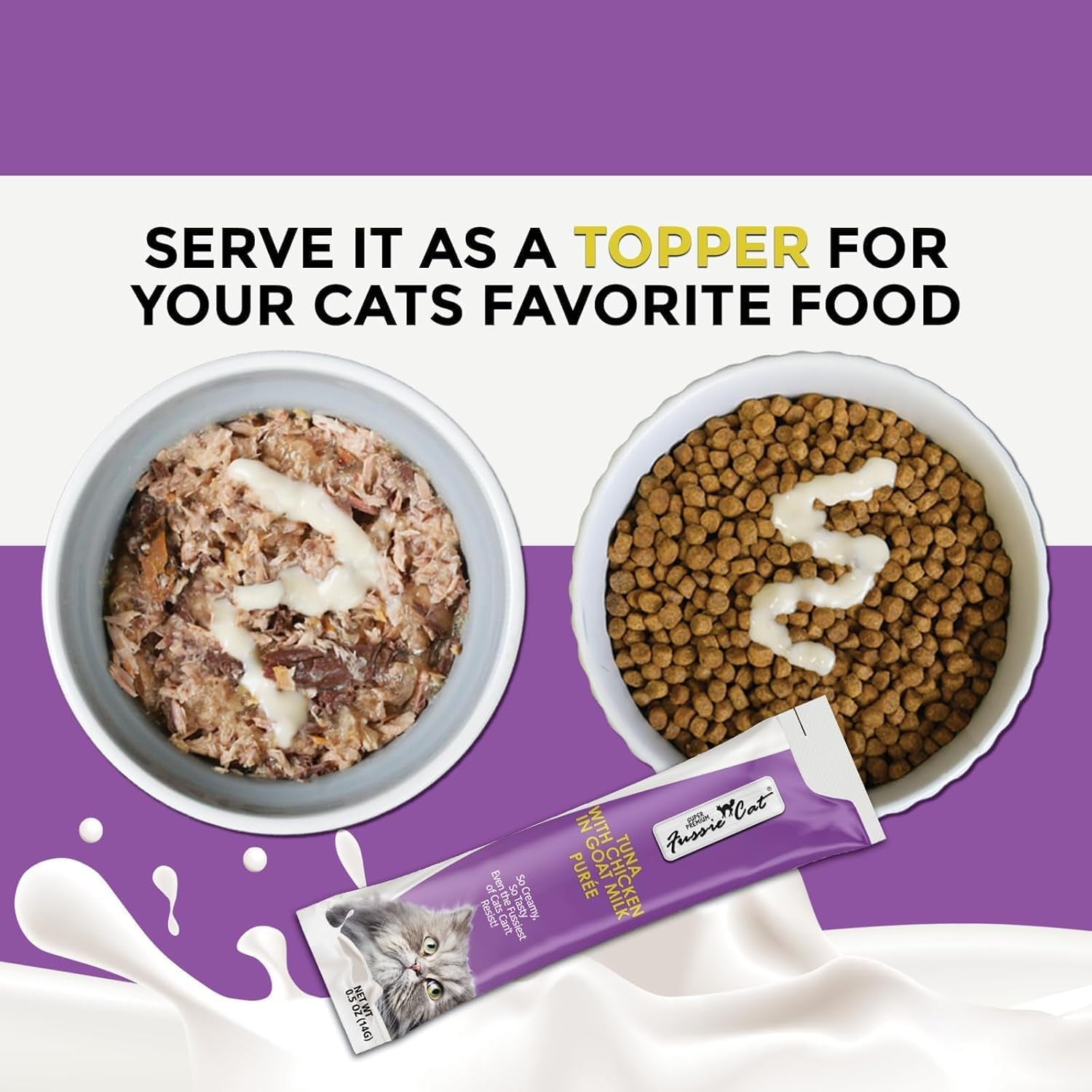 fussie-cat-super-premium-cat-treats-in-goat-milk-puree-lickable-cat-treats-6-packs-of-4-0-5oz-tubes-variety-flavor-pack-of-6-flavors-freeding-spoon