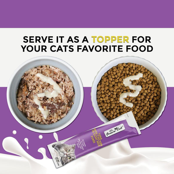 Fussie Cat Super Premium Cat Treats in Goat Milk Puree, Lickable Cat Treats,6 Packs of 4-0.5Oz Tubes, Variety Flavor Pack of 6 Flavors + Freeding Spoon3