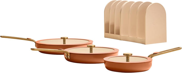 Our Place Essentials Complete Cookware Set, 8-Piece Ceramic Fry Pan Set | Ceramic Pan Trio & Modular Storage Rack Included, Thermakind Nonstick, All-Cooktop Compatible, Oven Safe up to 450°F1