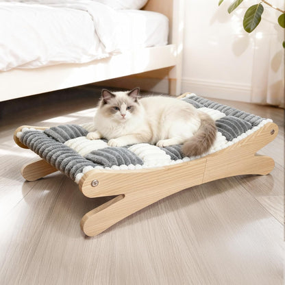 Plush Elevated Cat Bed - Cozy Raised Cat Hammock with Solid Wood Frame, Soft Furry Cushion for Indoor Cats & Small Dogs, Multi-Color Options(Black White)2