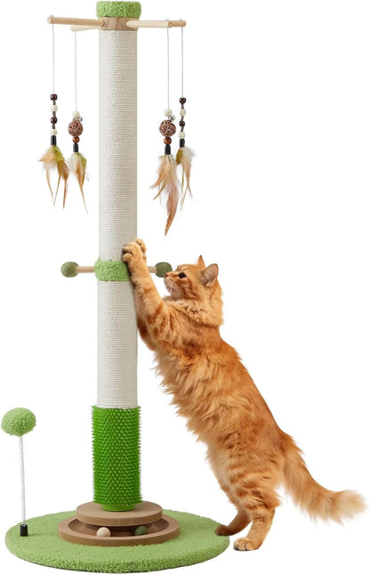 Cat Scratching Post, 26" Tall Scratch Post with Hanging Toy for Indoor Cats | Sisal Cat Scratcher Post with Grooming Brush, Double-Layer Interactive Wooden Ball Track, for Small Cats and Kittens Play10