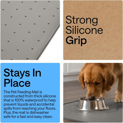 GORILLA GRIP 100% Waterproof Raised Edge BPA Free Silicone Pet Feeding Mat, Dog Cat Food Mats Contain Spills Protects Floors, Placemats for Cats and Dogs Water Bowl, 18.5X11.5, Gray3