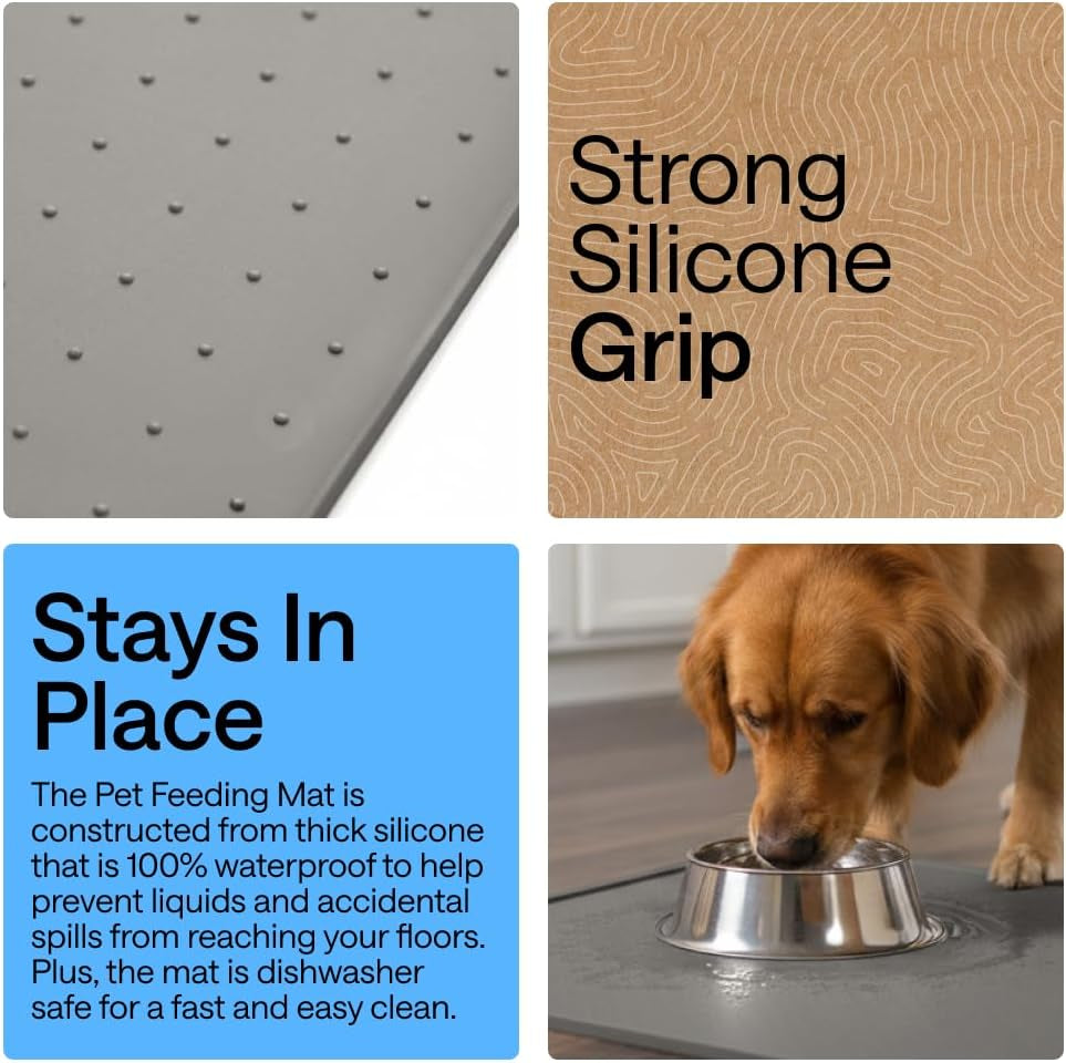 gorilla-grip-100-waterproof-raised-edge-bpa-free-silicone-pet-feeding-mat-dog-cat-food-mats-contain-spills-protects-floors-placemats-for-cats-and-dogs-water-bowl-18-5x11-5-gray