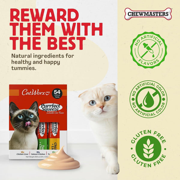 Catworx by Chewmasters Purrfect Squeeze Lickable Soft Cat Treats - 54 Pack | Creamy Purée Squeeze Tubes for Kittens and Adult Cats - Hand Feeding Snack or Food Topper - Training Reward, 0.53 Ounce6