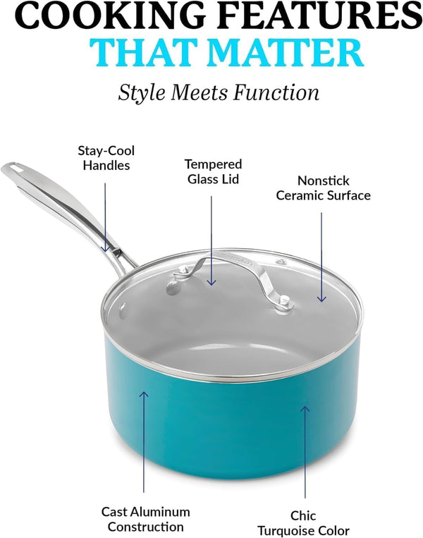 15 Pc Ceramic Cookware Set, Ceramic Pots and Pans Set Non Stick with Cooking Utensils and Steamer, Non Toxic PFOA PFOS Free, Premium Stay Cool Handles, Oven & Dishwasher Safe, Blue8