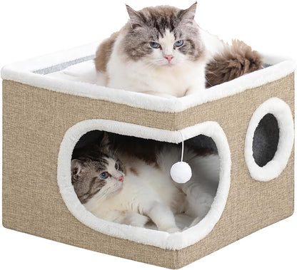 Cat Houses for Indoor Cats, Large Covered Cat Cave Beds & Furniture with Scratch Pad and Fluffy Ball,Foldable Cat Hideaway for Kitten,16X16X13 Inches, Grey10