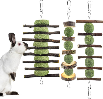 ERKOON Bunny Chew Toys, Rabbit Chew Toys for Teeth Grinding, Improve Dental Health, 100% Natural Apple Wood Timothy Grass Cake Treats for Rabbits Guinea Pigs Chinchillas Bunnies Hamsters (3 Pcs)1