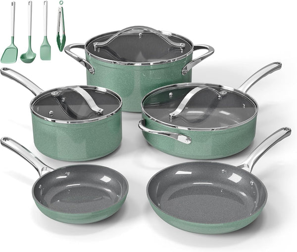 Bakken 12-Piece Ceramic Cookware Set, Nonstick Pots and Pans Set, Non-Toxic PTFE & Pfas-Free Cookware with Silicone Utensils, Induction & All Stovetops Compatible, Dishwasher Safe, Green1