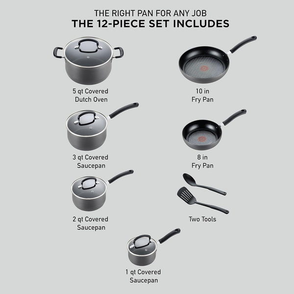 Ultimate Hard Anodized Nonstick Cookware Set 12 Piece, Oven Broiler Safe 400F, Lid Safe 350F, Kitchen Cooking Set W/Fry Pans, Saucepans, Dutch Oven, Pots and Pans, Dishwasher Safe, Onyx2
