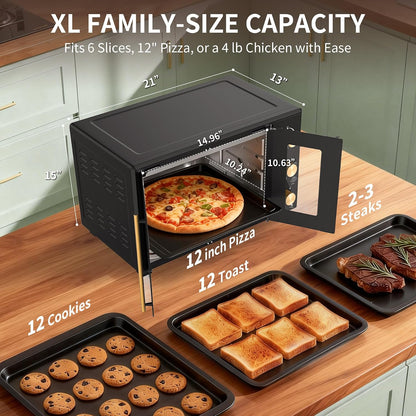 French Door Electric Knob Oven, 35 QT Extra Large Oven,18-Slice Convection Oven3-Control Knobs, Bake Broil Toast Grilled Meat Keep Warm, Black Metal,Equipped with a Tray and a Rack.7